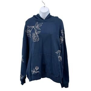 Driftwood Hoodie Navy Blue Women L Ice Falls Pullover Floral Embroidered Stretch